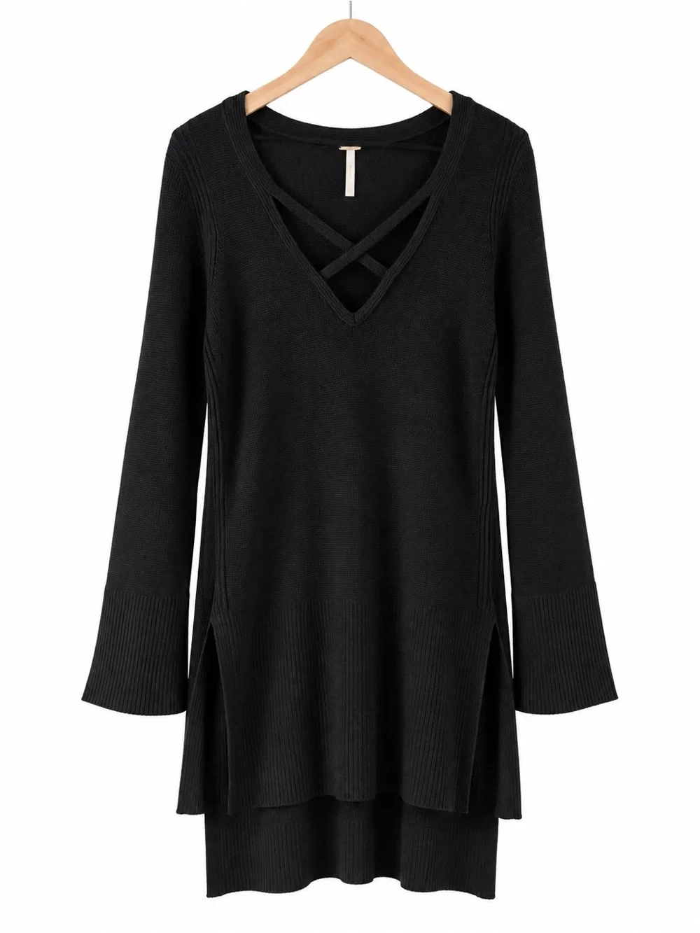 Free People Black Criss Cross V Neck Bell Sleeve Knit Tunic Small